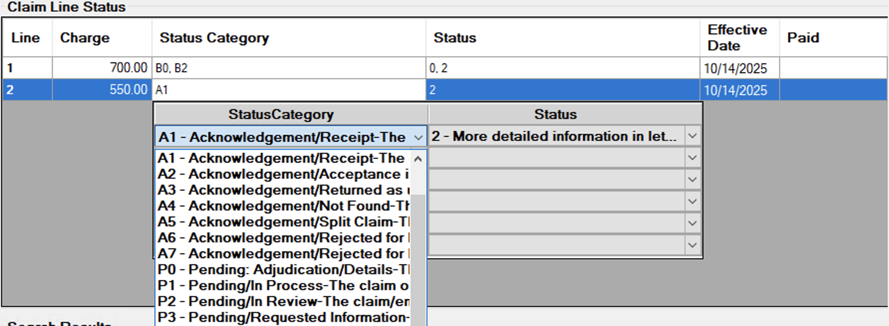 Filling in the Line Level Claim Status for Line 2 of a Claim Status..