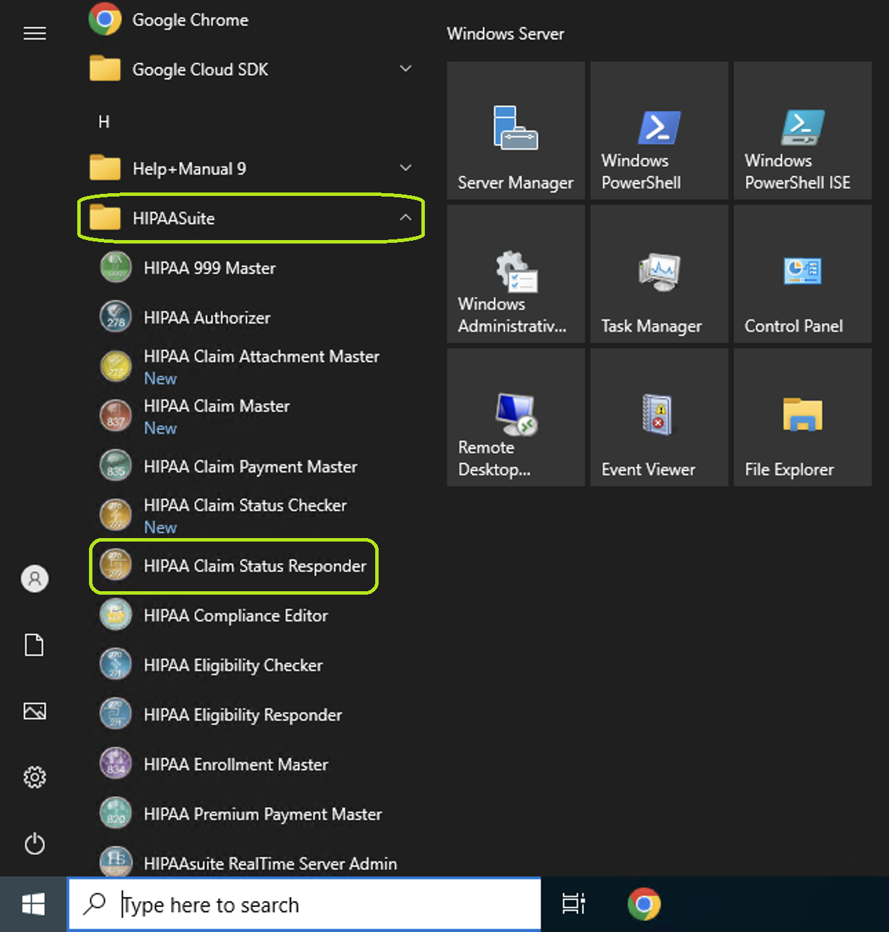 The HIPAA Claim Status Responder application is launched from the "Start" menu. The HIPAA Claim Status Responder application is launched from the "Start" menu.