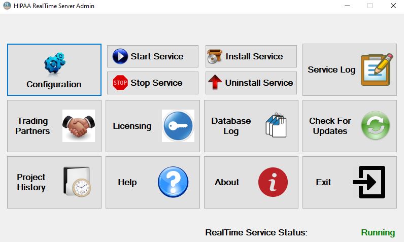 The "HIPAA RealTime Server Admin" appliaction home window.
