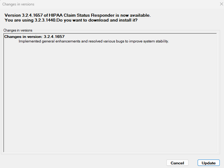 The "Changes in versions" window if there are updates available.