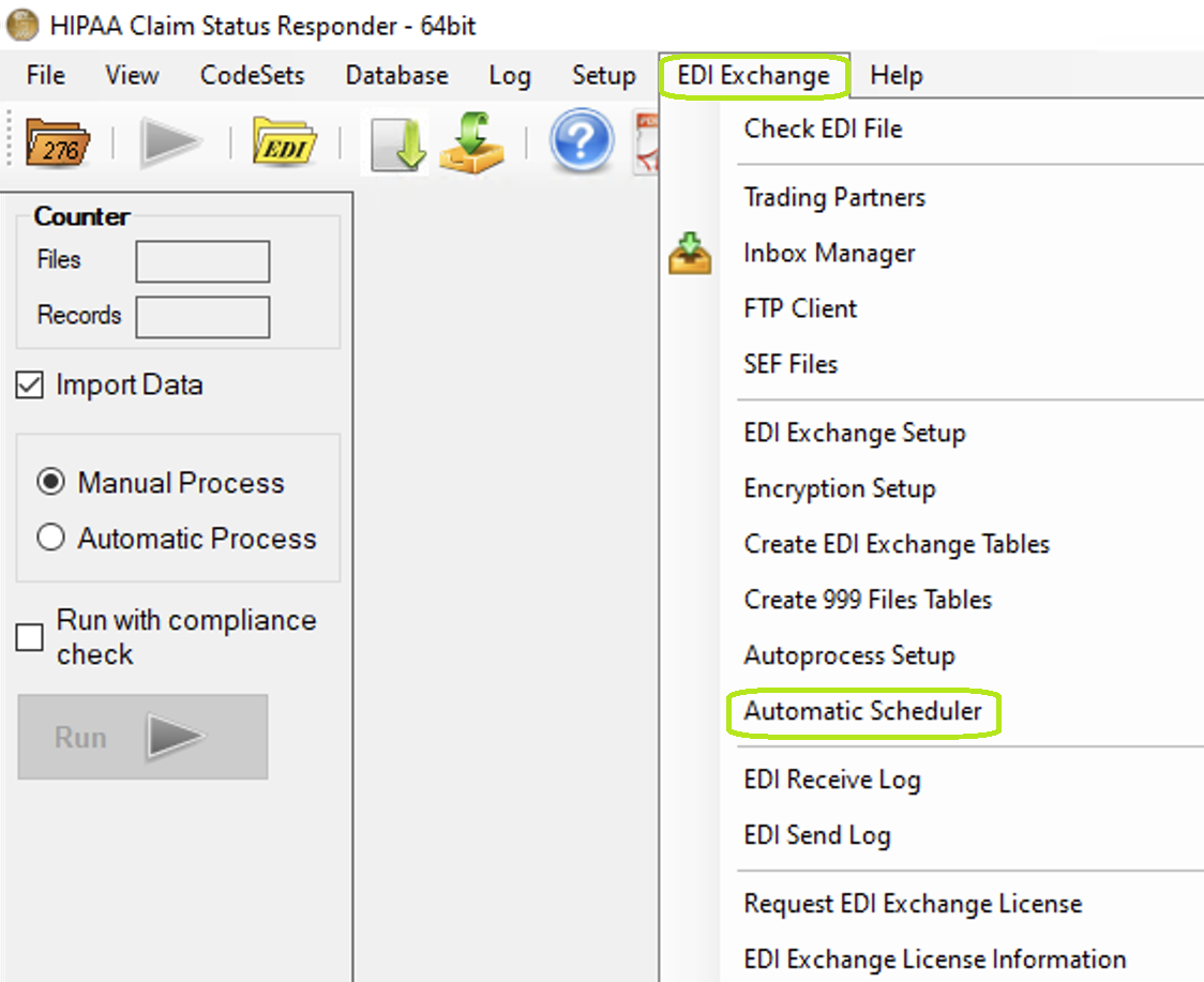 The "Automatic Scheduler" option is under the EDI Exchange tab. The "Automatic Scheduler" option is under the EDI Exchange tab.