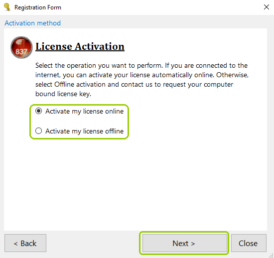 The "Online Activation" and "Offline Activation" windows. The "Online Activation" and "Offline Activation" windows.