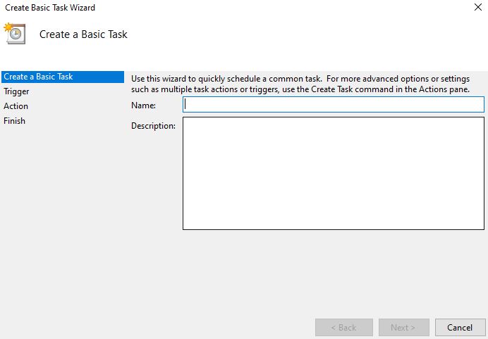 The "Create Basic Task Wizard" window. The "Create Basic Task Wizard" window.