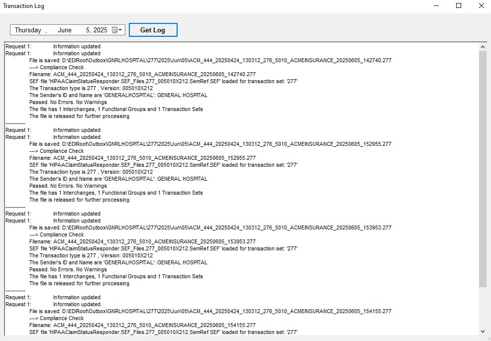 The "Transaction Log" window with results. The "Transaction Log" window with results.