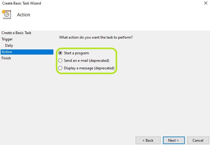 Select the first action the task will take. Select the first action the task will take.