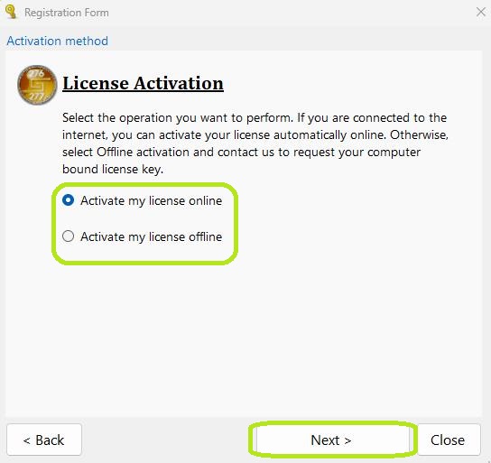 Choose between online or offline activation. Choose between online or offline activation.