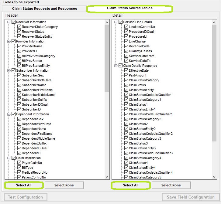 All necessary Claim Status Source Tables fields checked. All necessary Claim Status Source Tables fields checked.