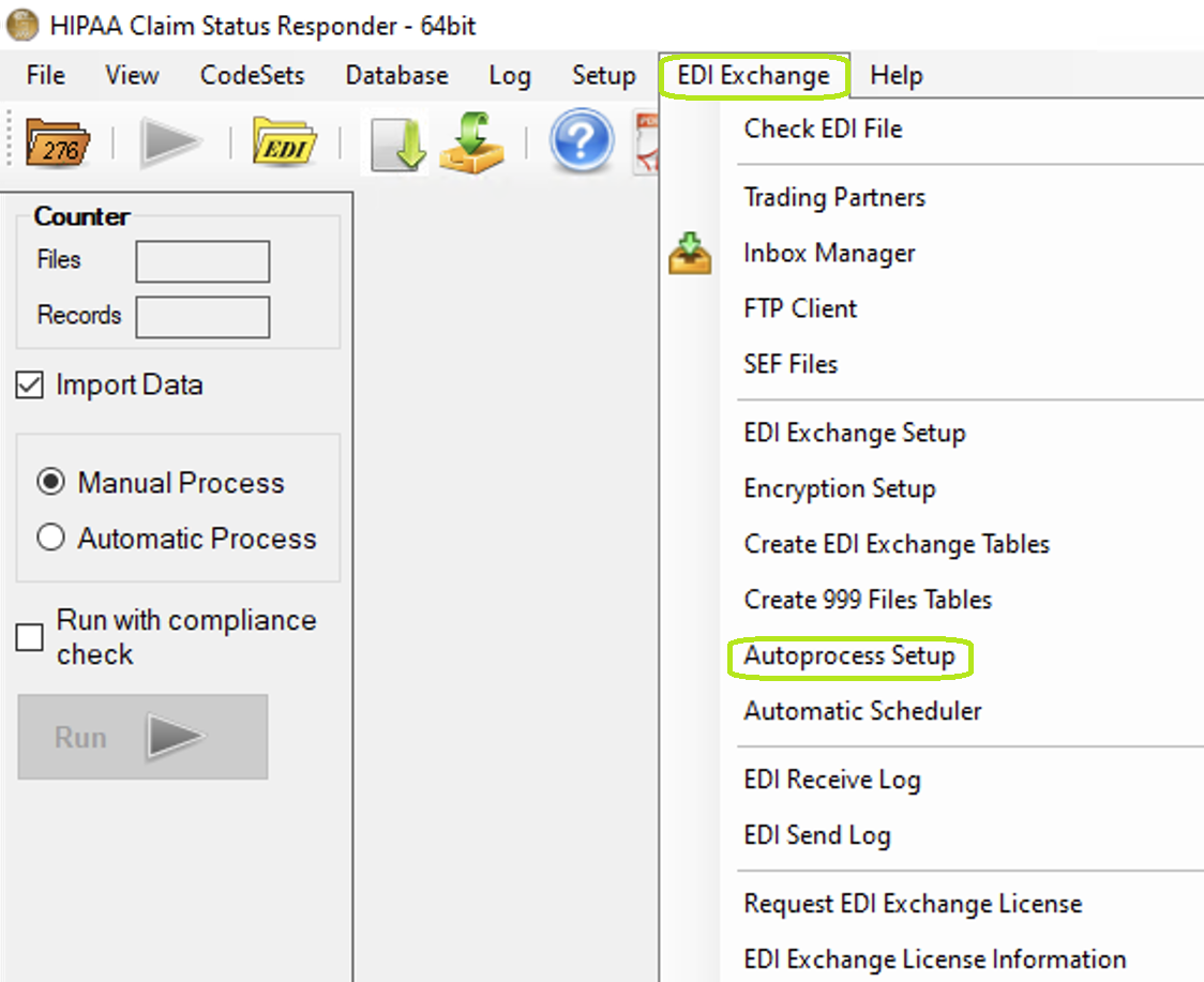 "Autoprocess Setup" option in the "EDI Exchange" menu.