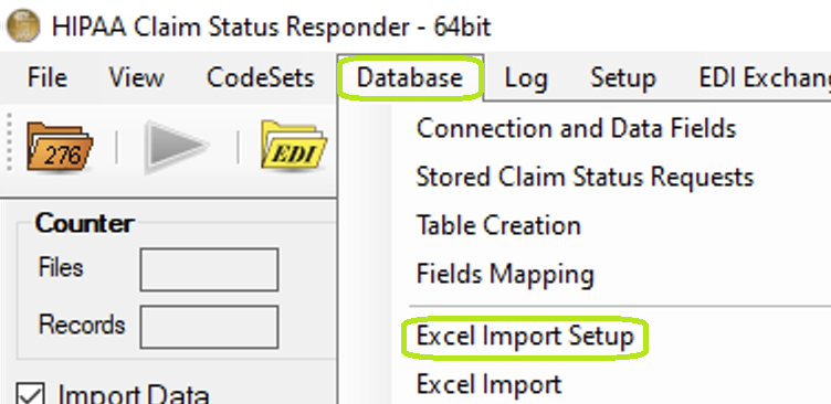 The "Excel Import Setup" option from the "Database" tab.