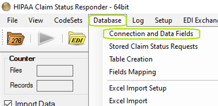 The "Connection and Data Fields" option is under the "Database" tab.