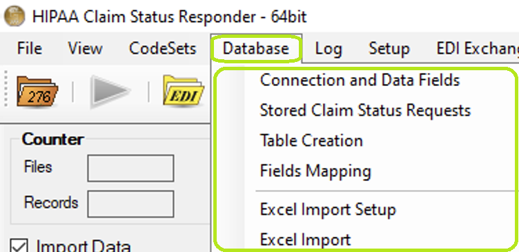 The "Database" tab and options in the main window. The "Database" tab and options in the main window.