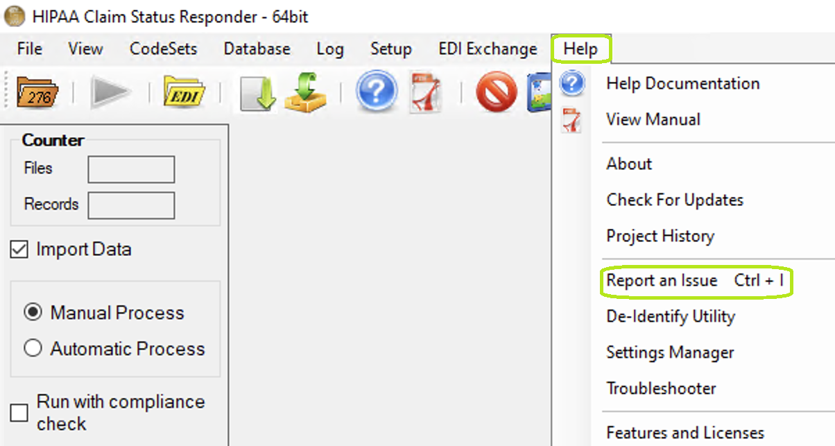 "Reporting an Issue" in main menu. "Reporting an Issue" in main menu.