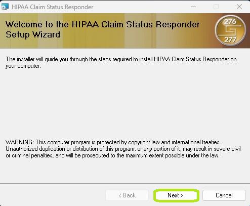 The HIPAA Claim Status Responder Setup Wizard Window.
