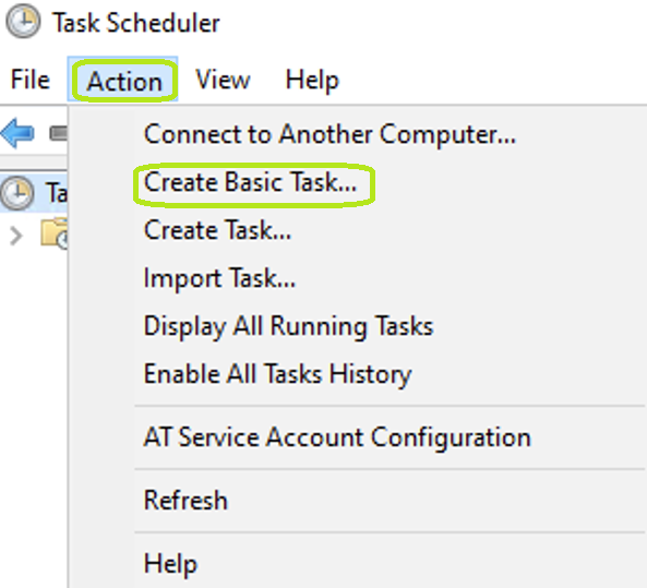The "Create Basic Task" option is under the "Action" menu item. The "Create Basic Task" option is under the "Action" menu item.