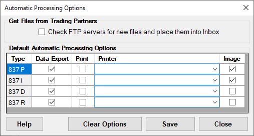 The "Automatic Processing Options" window in HIPAA Claim Master.