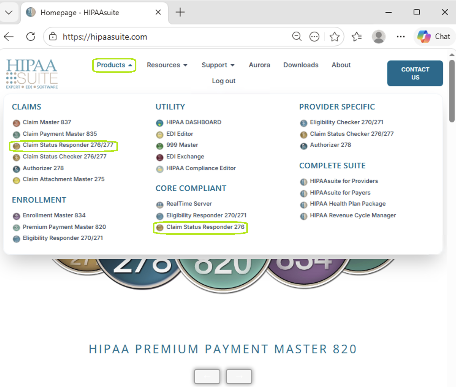 The "Claim Status Responder 276-277" option is under the Products drop-down menu.