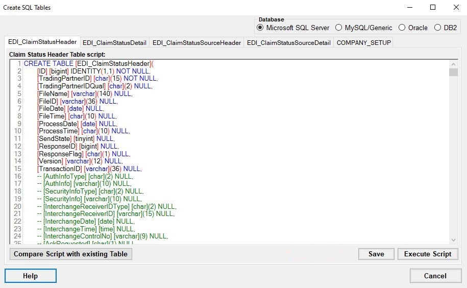 The "Table Creation" window. The "Table Creation" window.