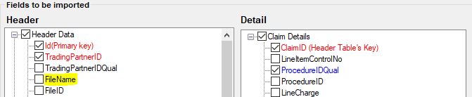 The "Import claims from excel or text file: setup" with the "Filename" unchecked.