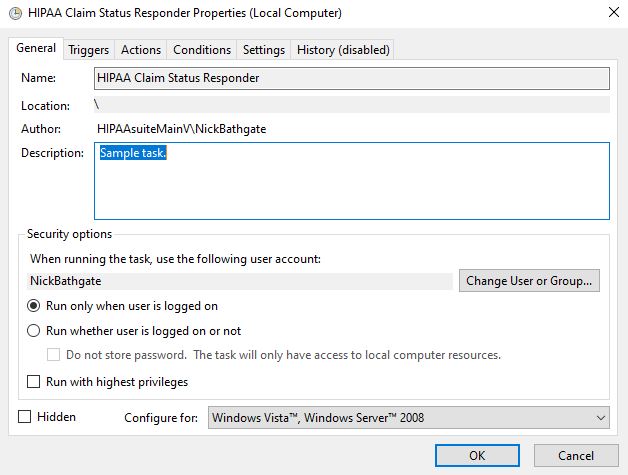 The "HIPAA Claim Status Responder Properties (Local Computer)" window. The "HIPAA Claim Status Responder Properties (Local Computer)" window.