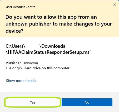 "Unknown Publisher" pop-up.