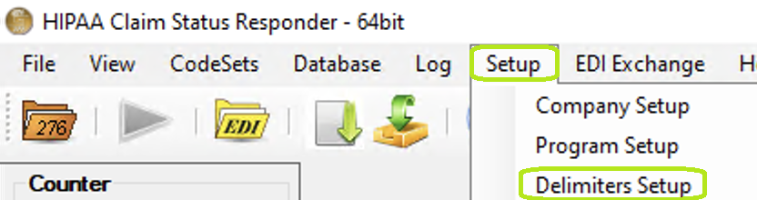 The "Setup" menu and "Delimiters Setup" button. The "Setup" menu and "Delimiters Setup" button.