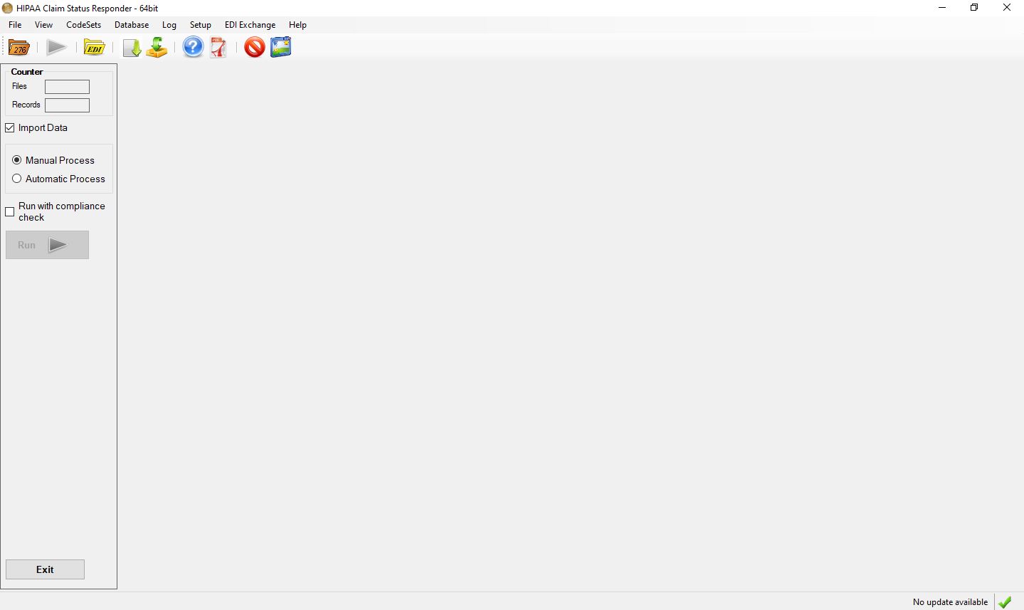 The main menu window of HIPAA Claim Status Responder. The main menu window of HIPAA Claim Status Responder.