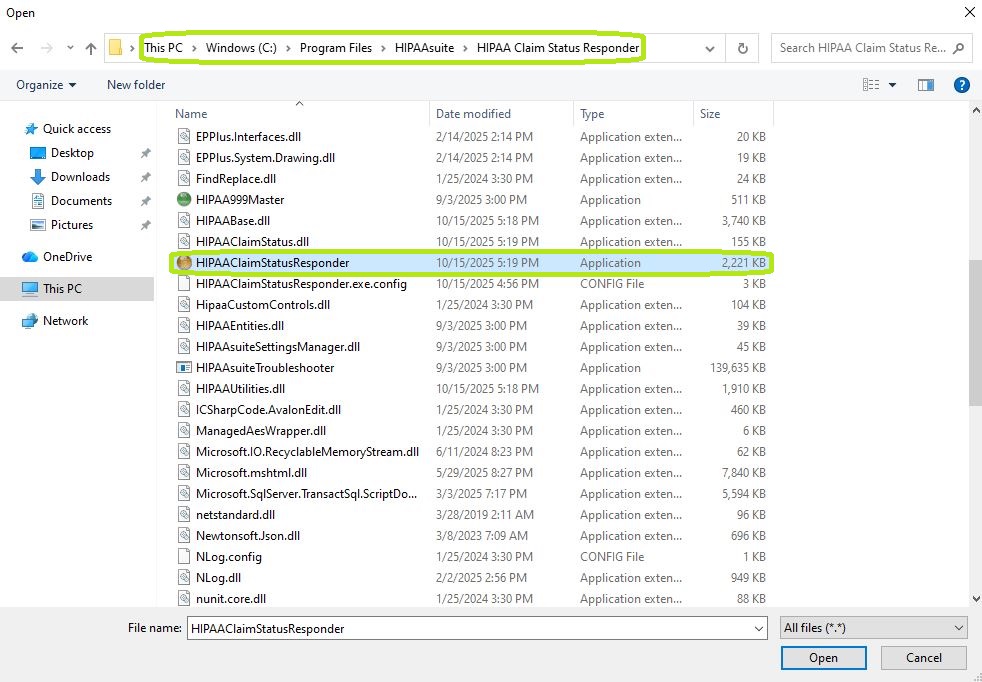 The path to the HIPAA Claim Status Responder application folder. The path to the HIPAA Claim Status Responder application folder.