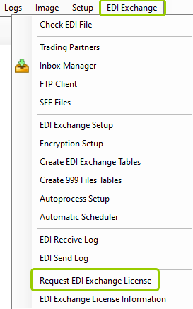 The "Request EDI Exchange License" option is under the "EDI Exchange" tab. The "Request EDI Exchange License" option is under the "EDI Exchange" tab.