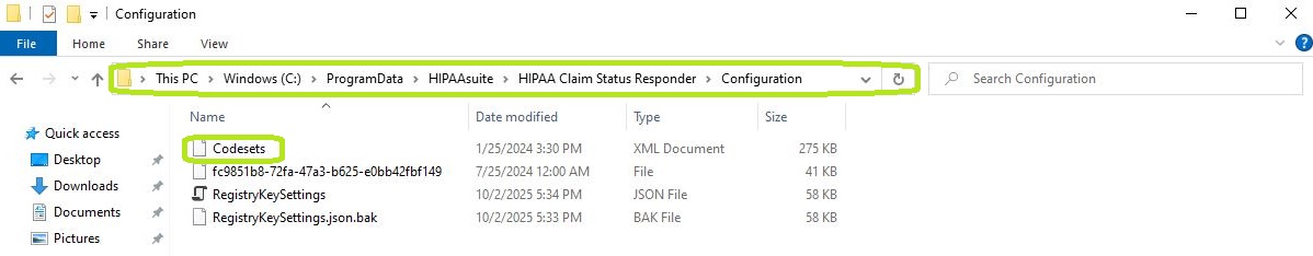 Path to the Configuration folder for the codesets.xml file.