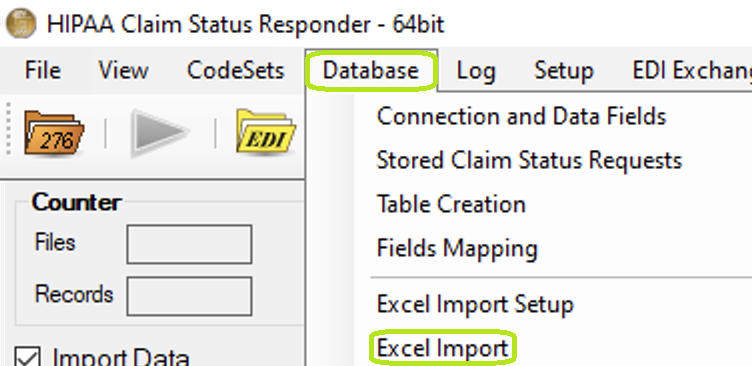 The Excel Import option under the Database tab in the main window. The Excel Import option under the Database tab in the main window.