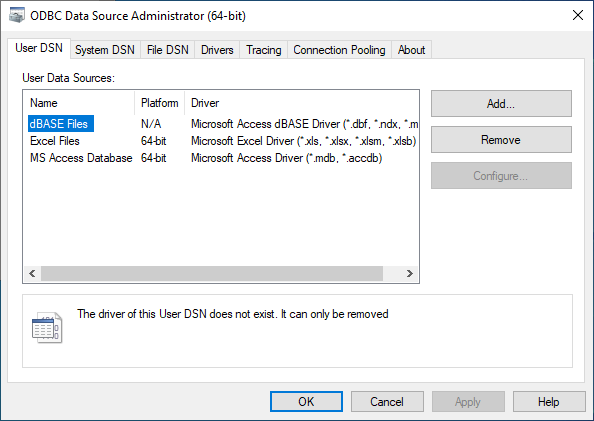 The "ODBC Data Source Administrator" window.