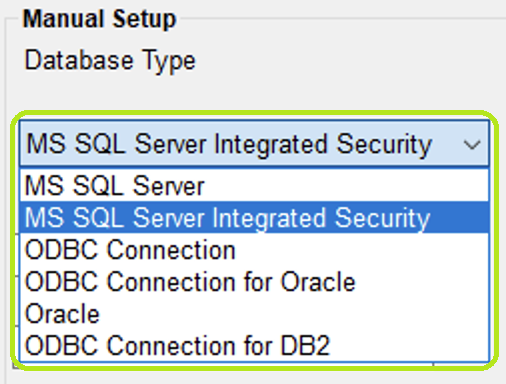 The "Database Type" drop-down menu. The "Database Type" drop-down menu.