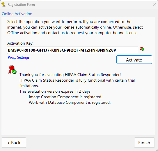 The "Registration Form" window with a successful key activation for a trial renewal. The "Registration Form" window with a successful key activation for a trial renewal.