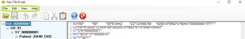 The "Tab Menu Bar" in the "EDI Editor" window. The "Tab Menu Bar" in the "EDI Editor" window.