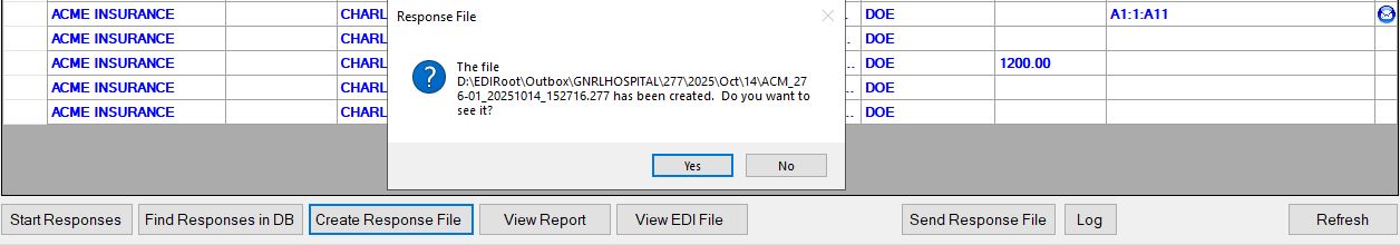 The message that the response file has been created.