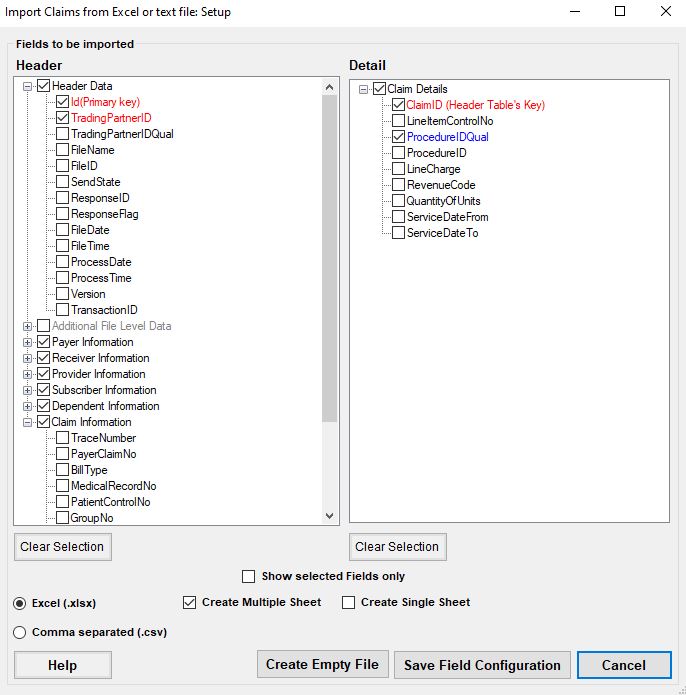 The "Import claims from excel or text file: setup" window.