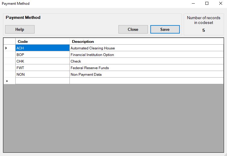 The "Payment Method" code set window.