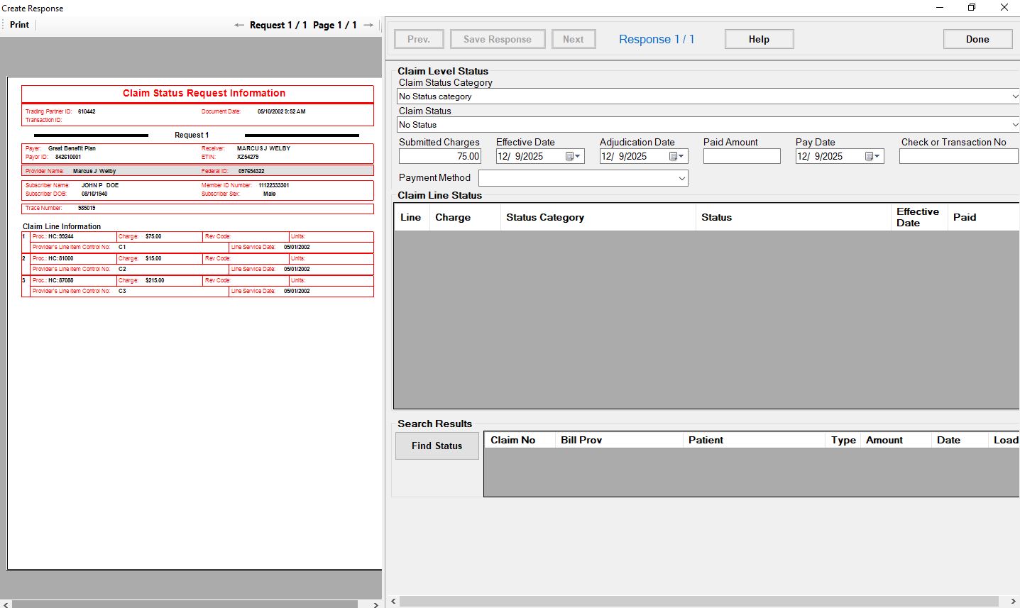 The sample of an 276-277 EDI Claim Status Request is displayed in a separate window. The sample of an 276-277 EDI Claim Status Request is displayed in a separate window.