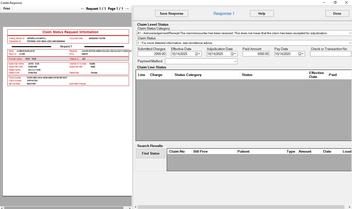 The screen to create the response. In this example the Claim Status and Status Codes are filler meant for demonstration.