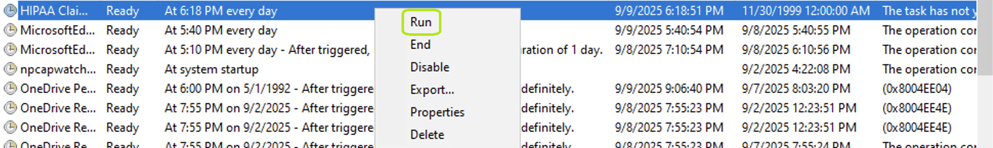 The "Run" option is under the task's drop-down menu. The "Run" option is under the task's drop-down menu.