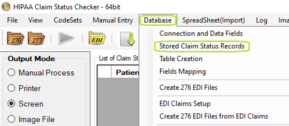 The "Stored Claim Status Records" option is under the "Database" tab.