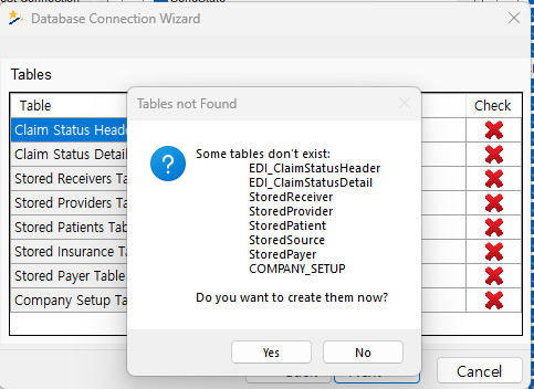 If the tables do not exist in the database, you can create them by clicking "Yes."