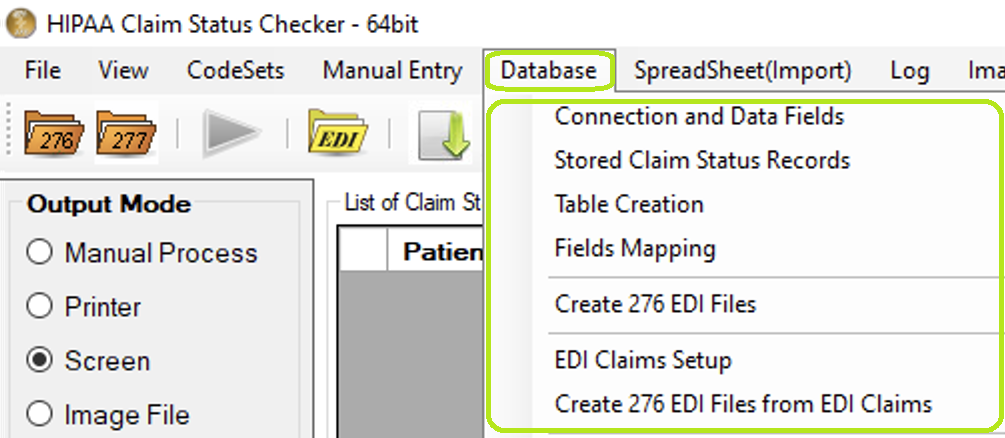 The "Database" tab and options in the main window.