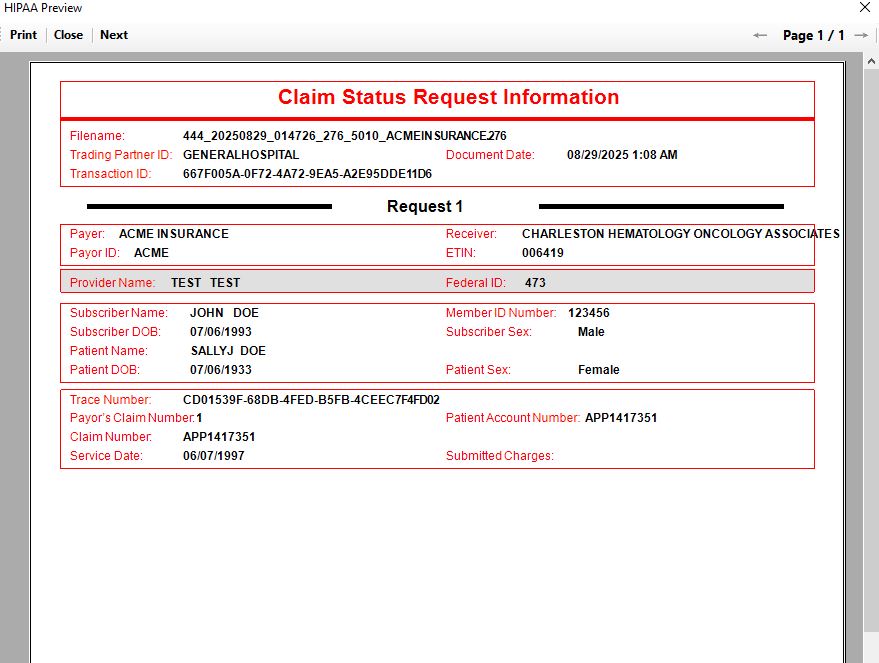 The sample of an 276 EDI Claim Status Request is displayed in a separate window.