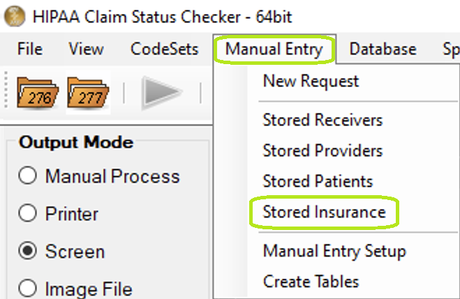 "Stored Insurance" under "Manual Entry" in the main menu. "Stored Insurance" under "Manual Entry" in the main menu.