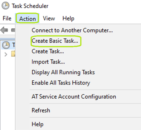 The "Create Basic Task" option is under the "Action" menu item. The "Create Basic Task" option is under the "Action" menu item.