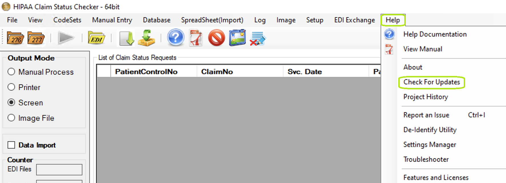 The "Check for Updates" option is under the "Help" drop-down menu.
