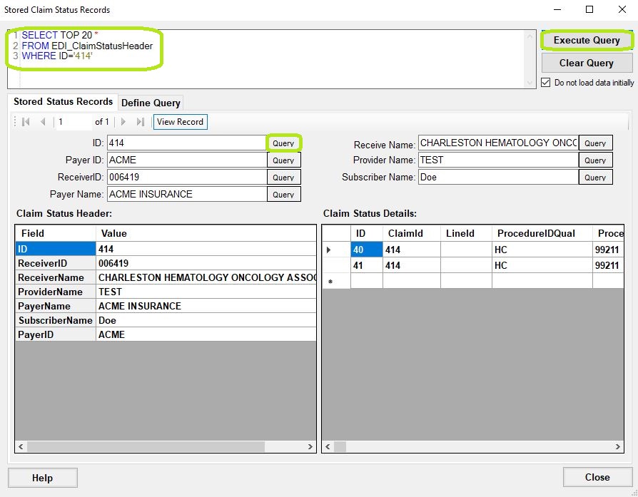The "Stored Claim Status Records" window is showing a claim from the database.