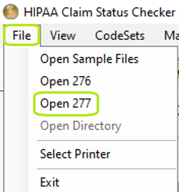 Click the "Open 277" option to search for an EDI file. Click the "Open 277" option to search for an EDI file.
