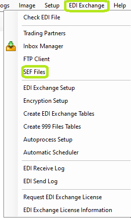 The "SEF Files" option is under the "EDI Exchange" tab.